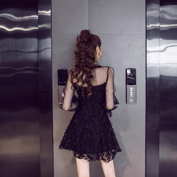 菲儿家欧美2018秋装新款韩版方领透视网纱...