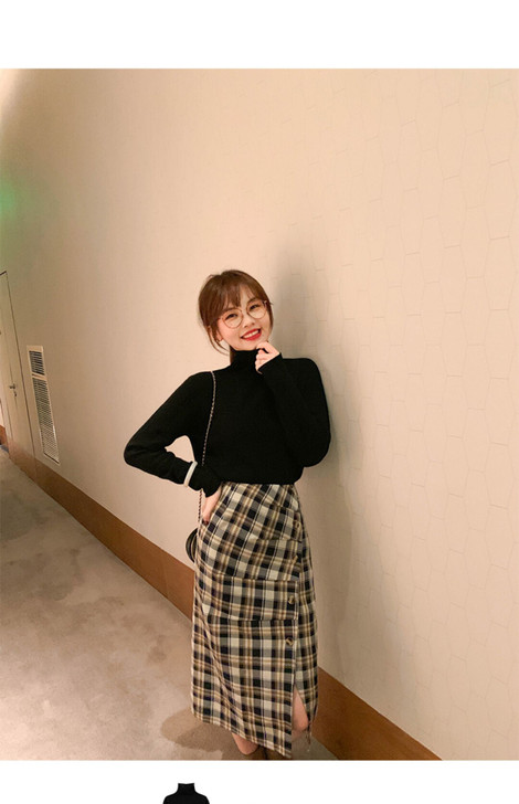 半身裙女夏2021春款新款拼色格纹侧开叉格...