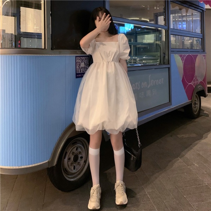 白色公主风网纱泡泡袖蓬蓬连衣裙女超仙森系法...