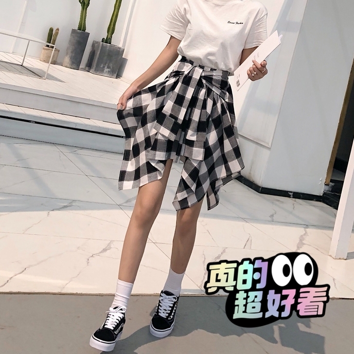 黑白格子半身裙 韩范 显瘦