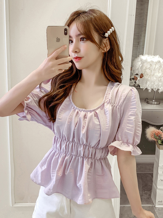 宁莎2020夏季新款韩版百搭甜美泡泡袖锁骨...