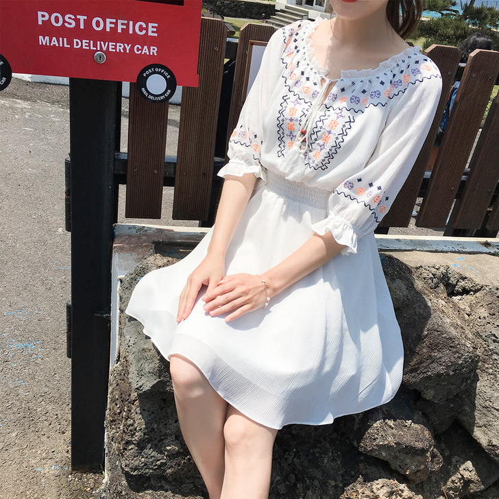 夏奈可可小清新雪纺连衣裙女夏2017新款中...
