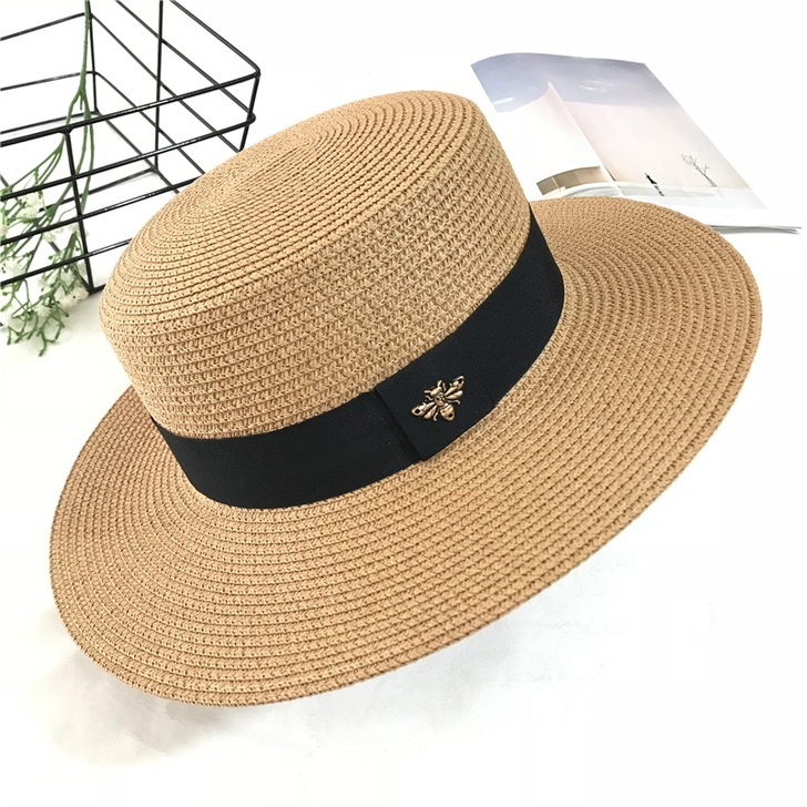 金丝平顶草帽女夏天英伦礼帽女士出游海边防晒...