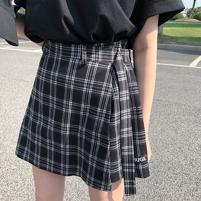 不规则高腰格子半身裙女2020新款夏季显瘦...