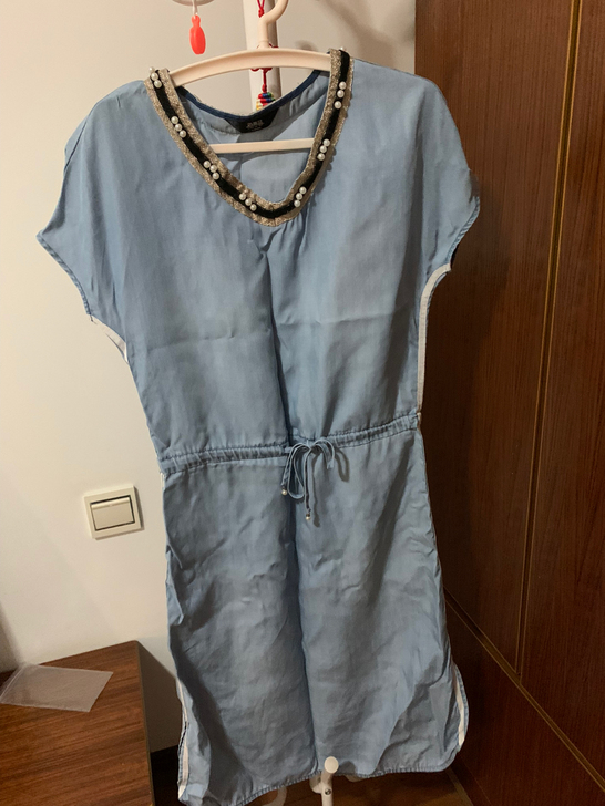 棉质牛仔蓝连衣裙,料子很舒服,新旧程度如图...