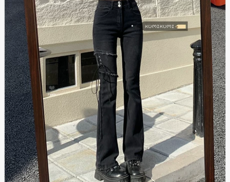 黑色牛仔裤女辣妹高腰显瘦直筒裤春季设计感长...