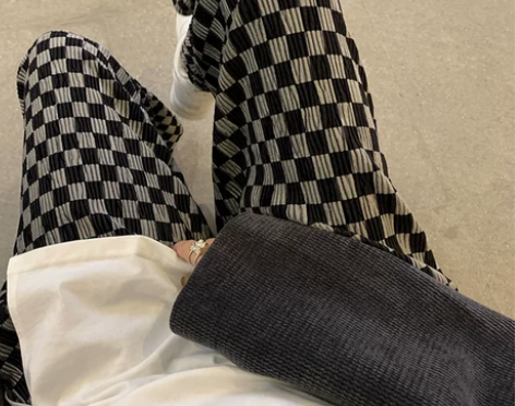 棋盘格褶皱裤子女夏季大码女装垂感阔腿裤微胖...
