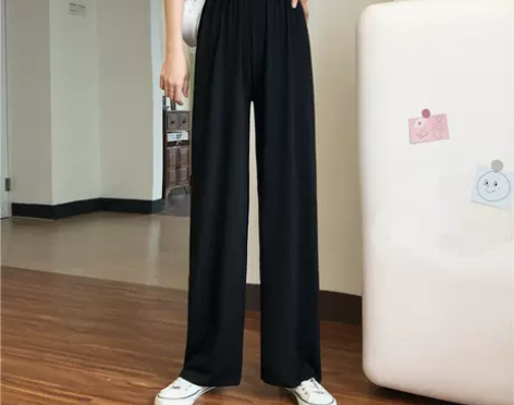 阔腿裤 阔腿裤长裤冰丝女春秋高腰垂感黑色宽...