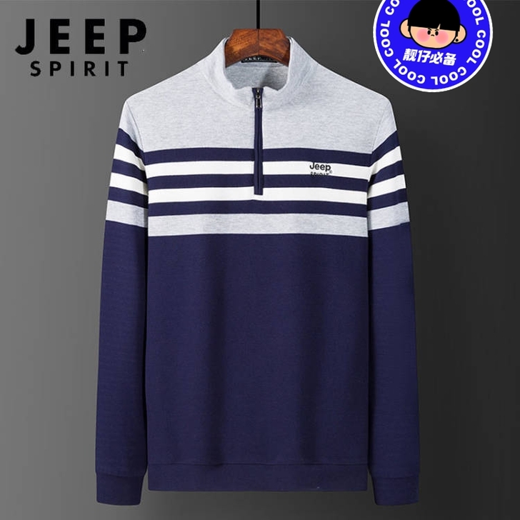JEEP吉普秋冬季棉长袖t恤男条纹衫中青年...