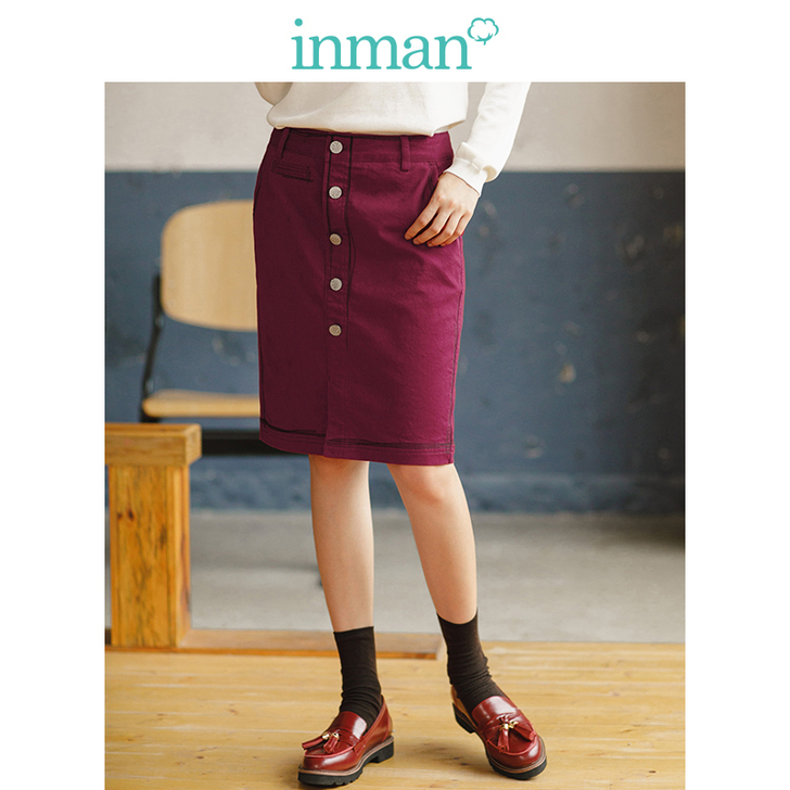 茵曼女装春秋款单排纽扣半身裙女显瘦一步裙包...