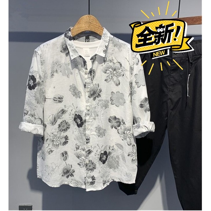 男士衬衫男潮流痞帅时尚宽松帅气印花夏季休闲...