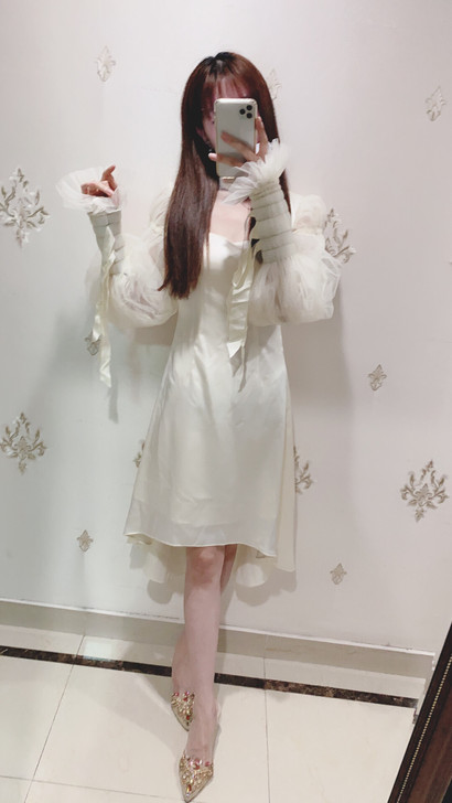 小盆栽  吹爆 白色仙女裙，初恋长袖法式裙...