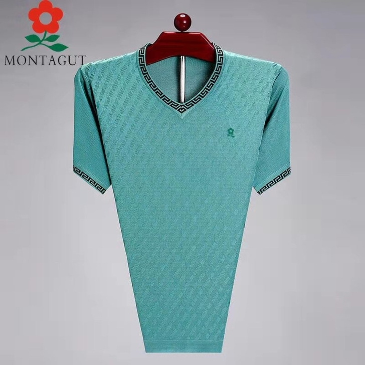 正品清仓梦特娇亮丝短袖T恤男士V领商务宽松...