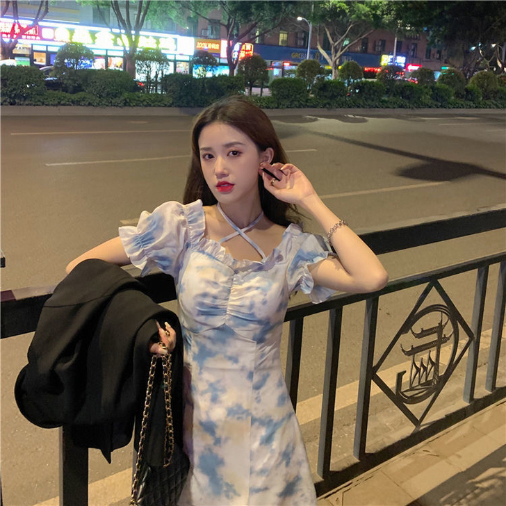 法式扎染碎花连衣裙女夏季2021新款甜美辣...