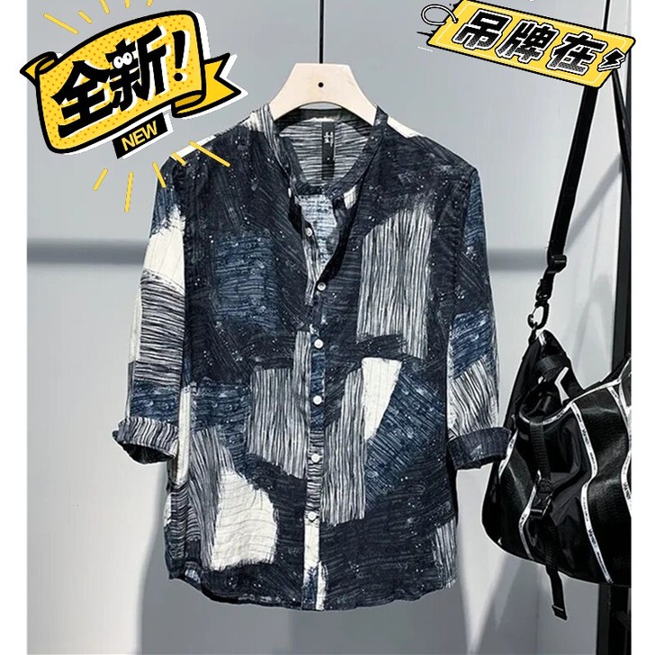 男士衬衫男潮流帅气百搭时尚印花个性中袖衬衣...