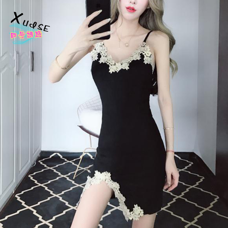 性感V领花边装饰夜店吊带裙显瘦黑色开叉紧身...
