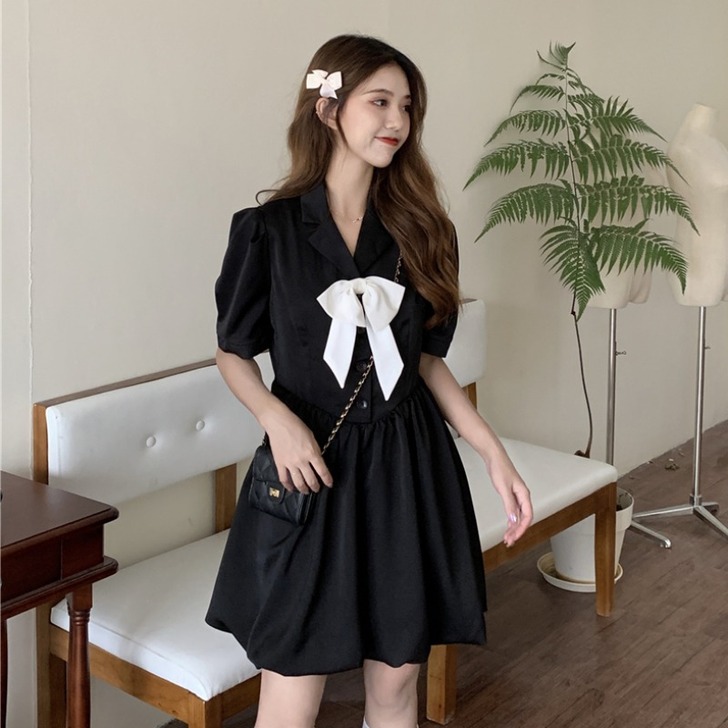黑色蝴蝶结连衣裙女装夏季2021新款法式甜...