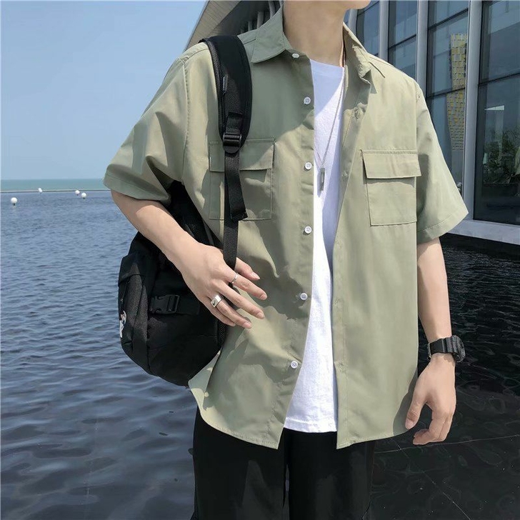 夏季100%棉男士短袖衬衫韩版潮流宽松学生...