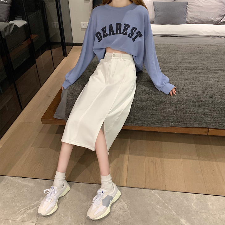 设计感小个子开叉裙子黑色高腰牛仔半身裙显瘦...