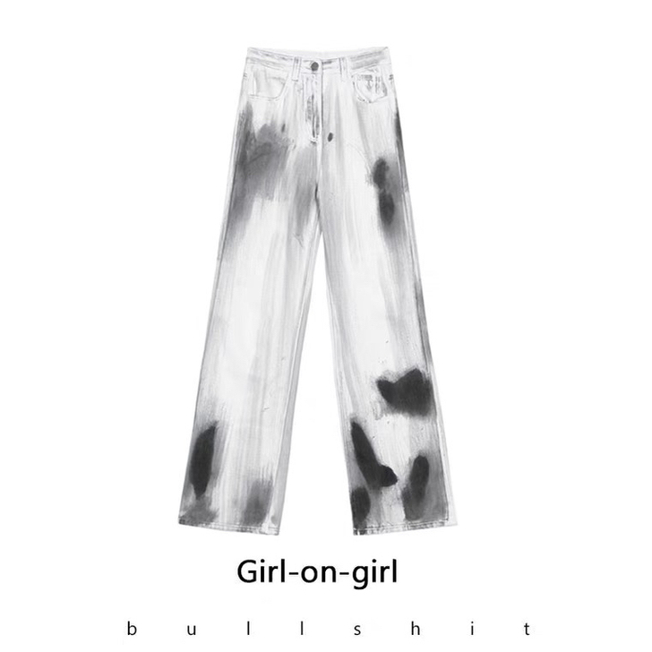 松国潮泼墨牛仔裤女宽松2020秋冬新款韩版...