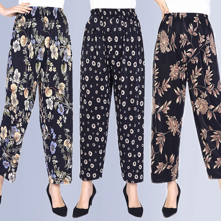 冰丝裤女外穿夏季薄款花裤宽松大码九分裤中老...
