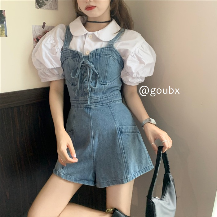 重工绑带背带牛仔裤显瘦春夏秋甜美短裤