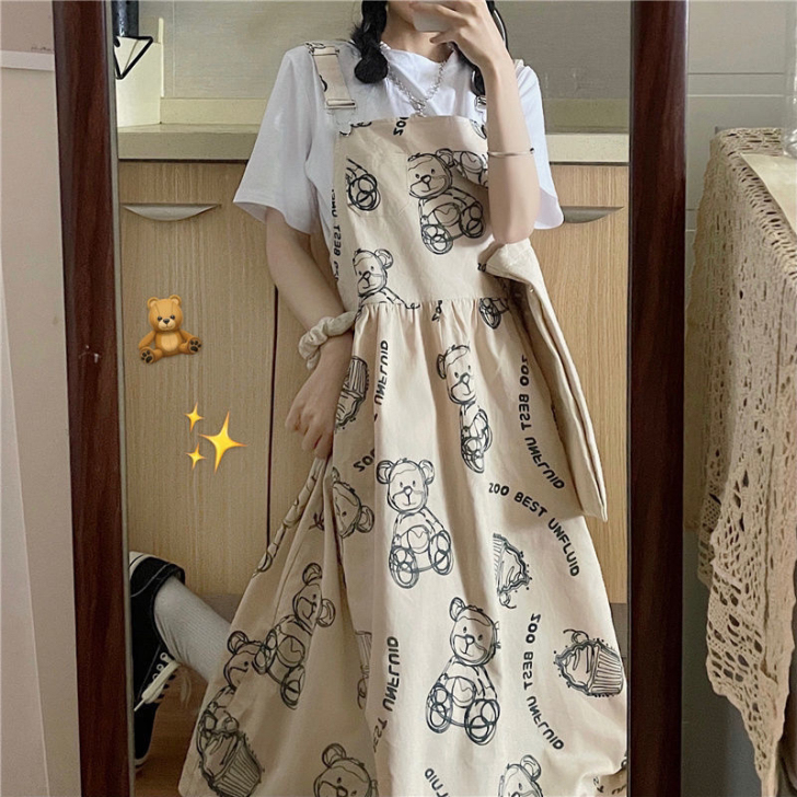 夏季新款港风韩版小熊工装背带连衣裙套装女学...