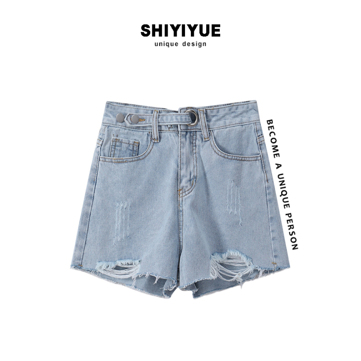 SHIYIYUE十一月 浅色毛边破洞牛仔短...