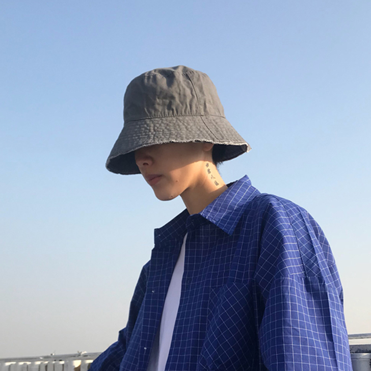渔夫帽男夏季潮牌嘻哈百搭韩版遮阳帽纯色磨边...