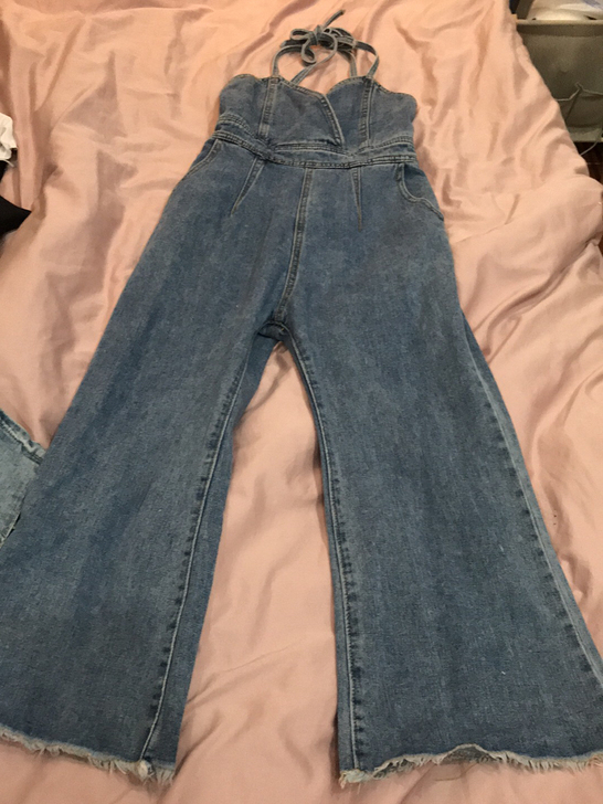 吊带牛仔裤微喇叭九分长裤牛仔裤韩式俏皮可风