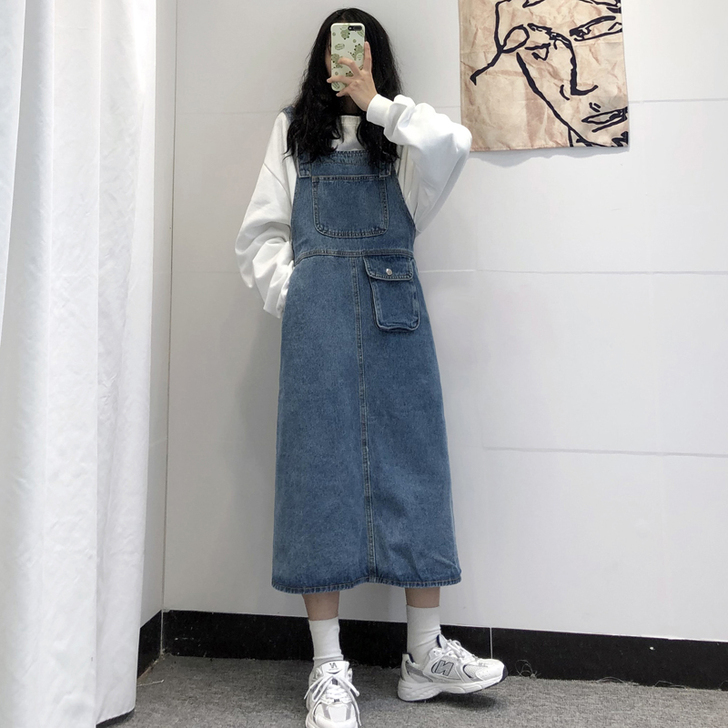 开叉牛仔裙背带裙女宽松夏季小个子复古显瘦中...