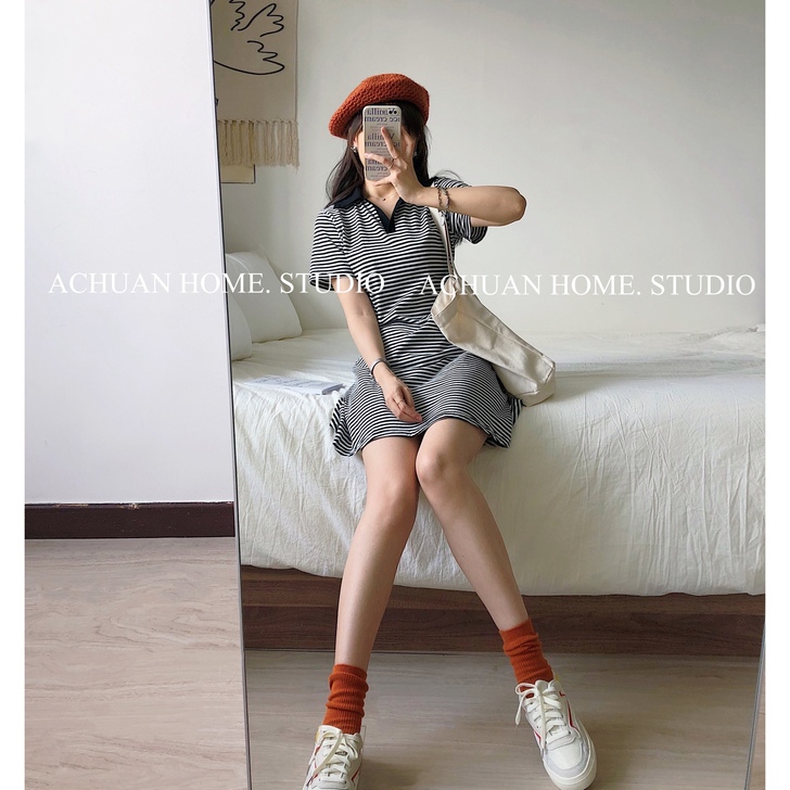 经典黑白条纹百搭韩版学生小个子女生翻领短袖...