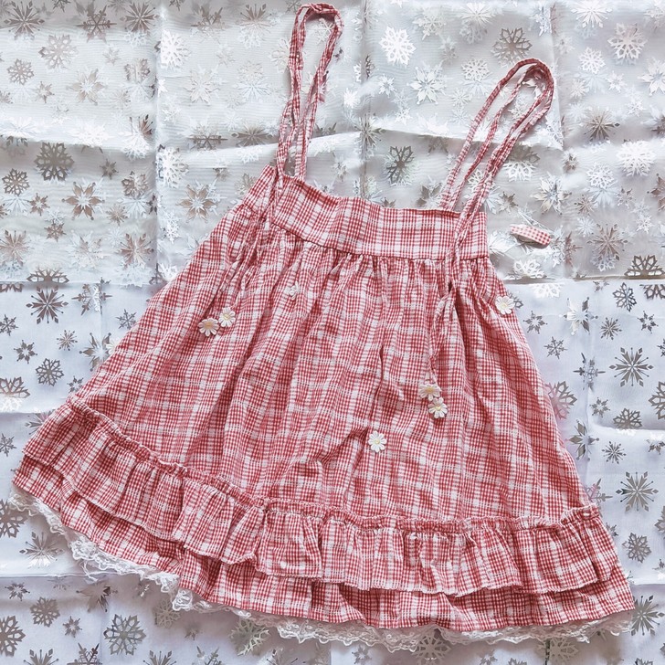 Vintage格子雏菊半身裙背带裙吊带裙