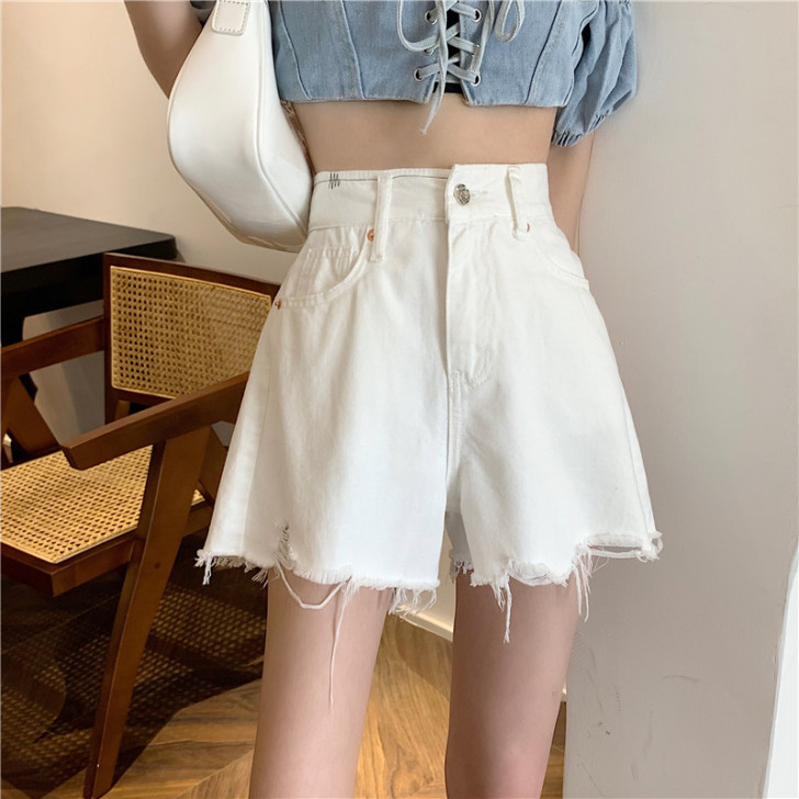 白色牛仔短裤女夏季薄款辣妹小个子高腰a字显...