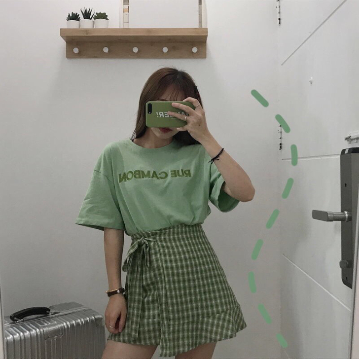 不规则抹茶绿格子半身裙
