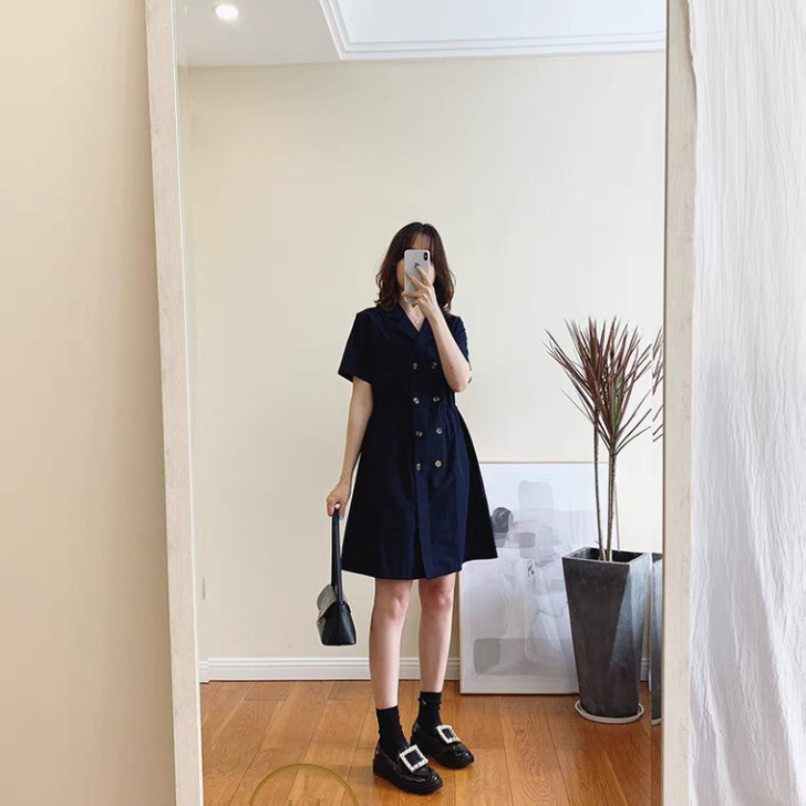 藏青色双排扣西装领连衣裙女 内侧抽绳设计调...