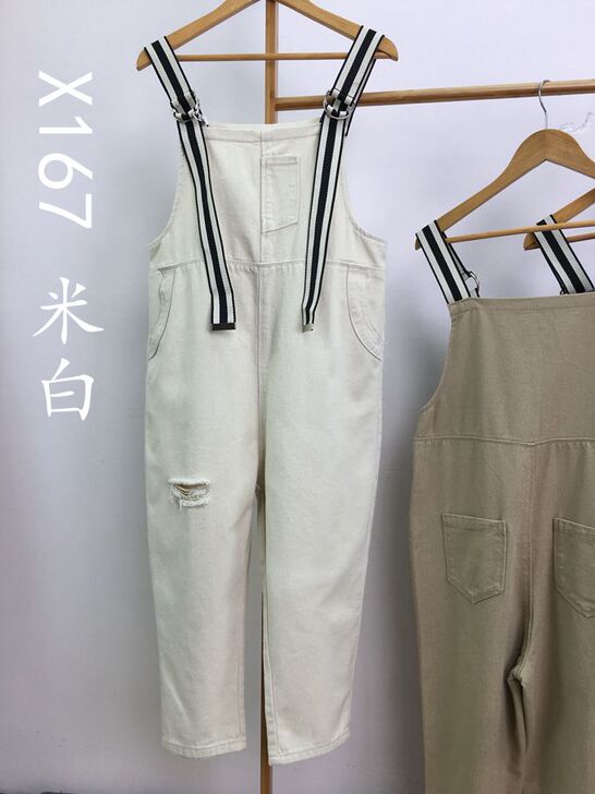 全新简单家 米白色童趣减龄背带牛仔裤休闲裤...