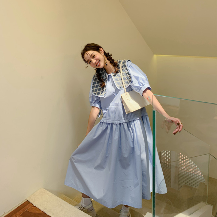 法式初恋连衣裙女夏季复古海军领泡泡袖显瘦设...