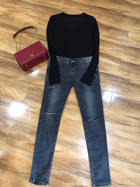 黑灰色破洞铅笔裤低腰25码