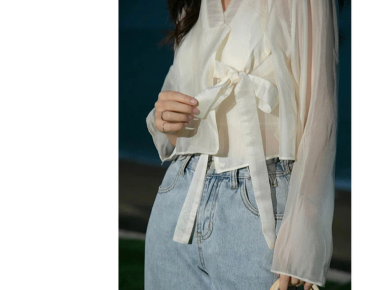 雪纺衫短款长袖v领微透性感系带开衫防晒衫罩...