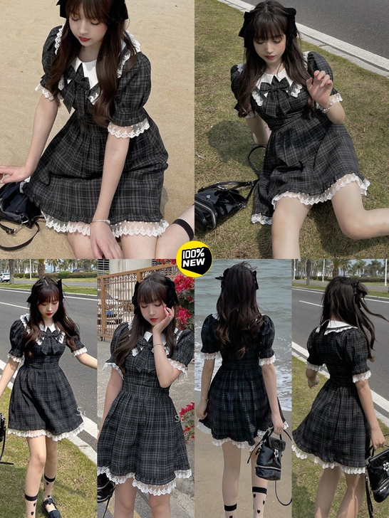 夏季爆款酷拽甜酷可爱绝美仙气格子连衣裙