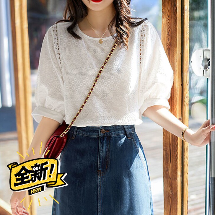 纯棉超仙镂空泡泡袖蕾丝衫短袖女2020夏新...