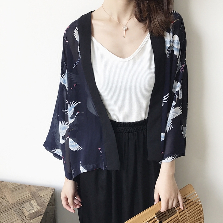 素雅仙鹤印花宽松和服式开衫 雪纺衫防晒衣小...
