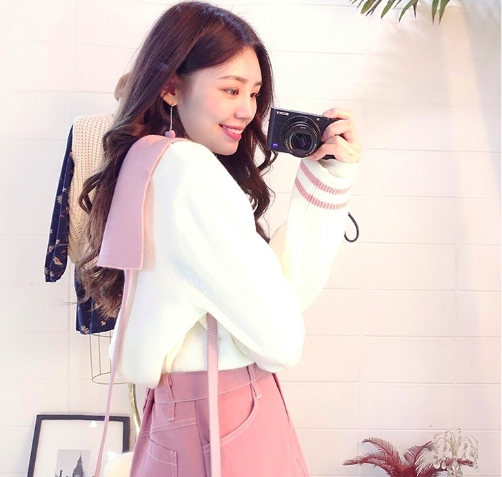 春装新款韩范甜美学院风撞色海军领宽松毛衣，...