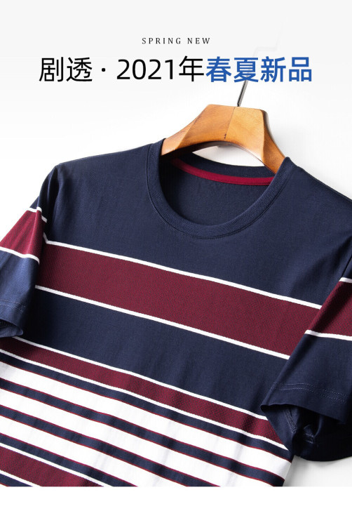 福利价 全新双丝光棉短袖T恤男 经典条纹圆...