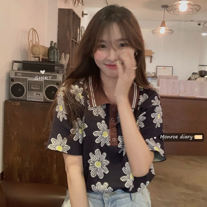 碎花针织衫女复古翻领短袖开衫2021新款夏...