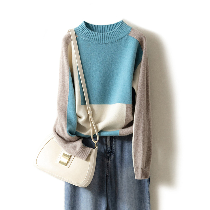 2020新款圆领羊绒衫女撞色纯羊毛衫宽松显...