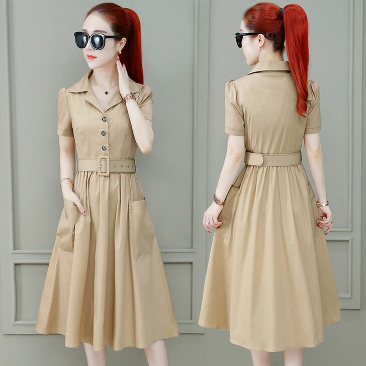 连衣裙大码女士中长款时尚韩版气质收腰夏天流...