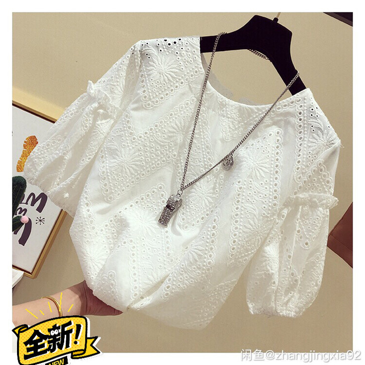 纯棉蕾丝上衣女2021春夏新款超仙洋气勾花...