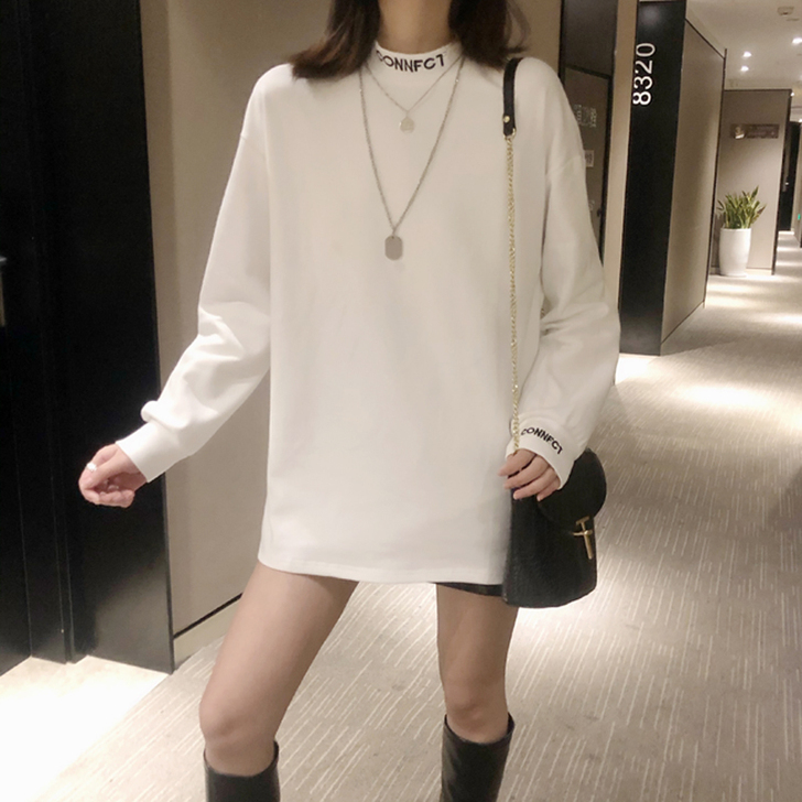 半高领加绒加厚白色打底衫女秋冬宽松中长款纯...